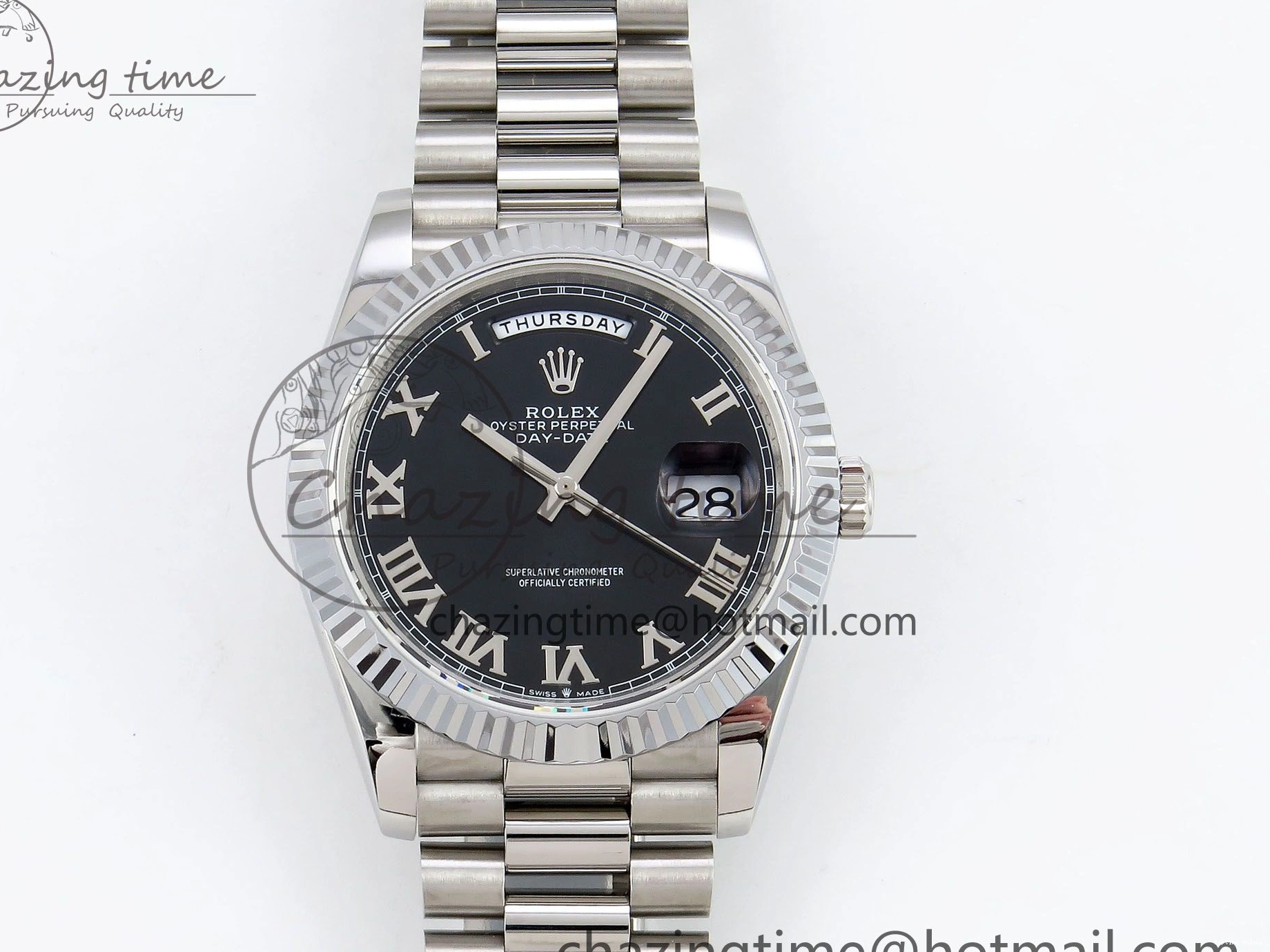 0213 Classic DayDate 40 SS JDF 904L Steel Black Roman Dial on President Bracelet VR3255 V3 (Gain Weight) 1434